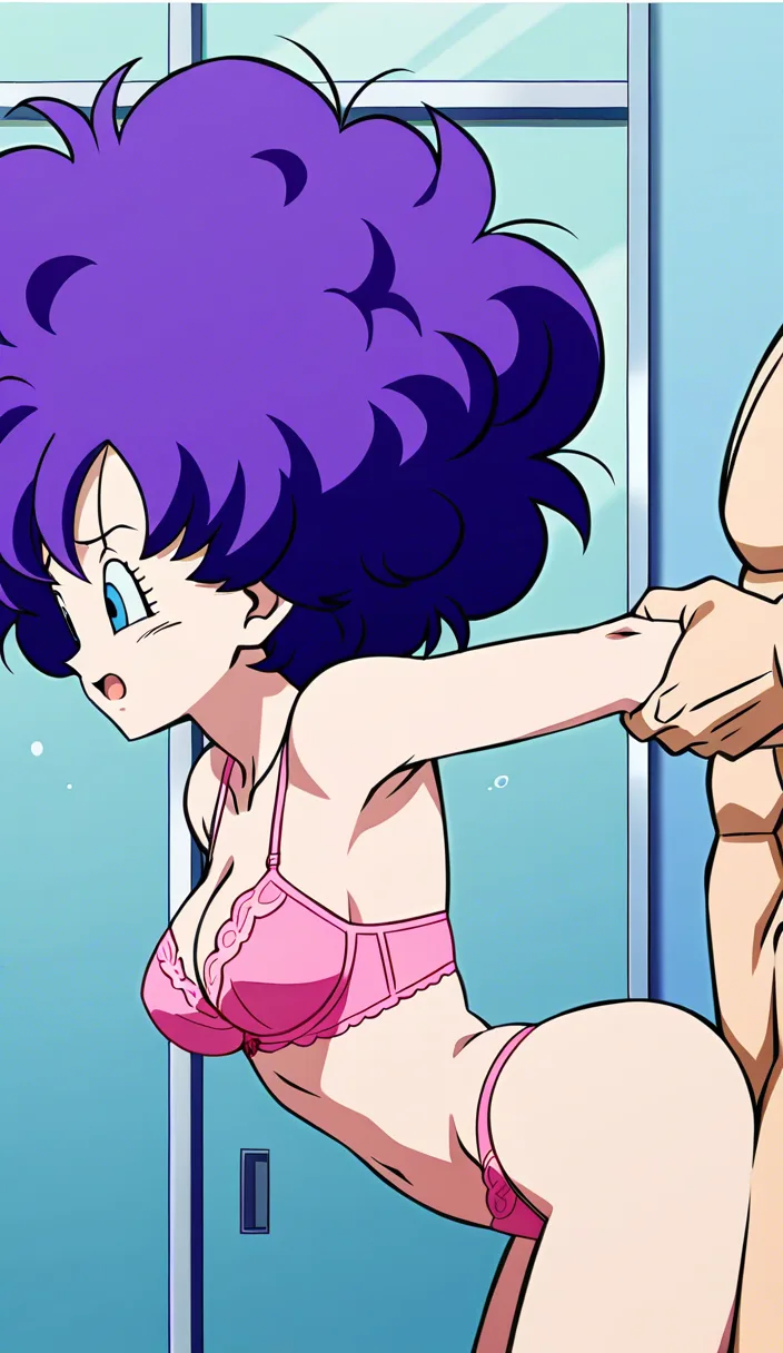 purple hair, light blue eyes afro hair girl wearing pink lingerie, sex from behind, classic dragon ball style, side view Dutch shot