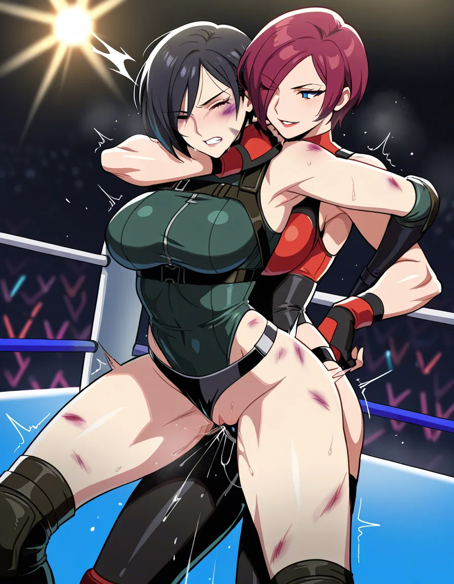 2girls , Best_quality, ultra_detailed, ada_wong_(resident_evil) , @jessie_(pokemon)-red_hair , yuri sex ,wrestling_ring wrestling defeated, pussy_juice squirting orgasm , strap-on vaginal,, bruised wince, torn_clothes, submission, headlock, from_side,,, hentai_studio_quality