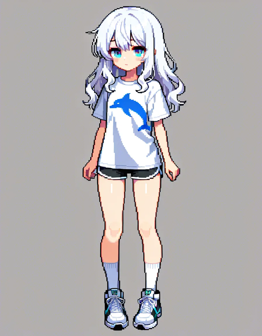 pixel art, high quality 32-bit style, clean pixels, full body sprite, front view, no background, transparent background, consistent character design, beautiful young woman, long wavy white hair, detailed pretty face, light blue eyes, fair skin, slim sexy figure, wearing a tight white button-up shirt and short black dolphin shorts, white socks and sneakers, very flushed face, open mouth, heart-shaped eyes, corrupted expression, hentai_studio_quality, hentai_studio_quality, hentai_studio_quality, hentai_studio_quality