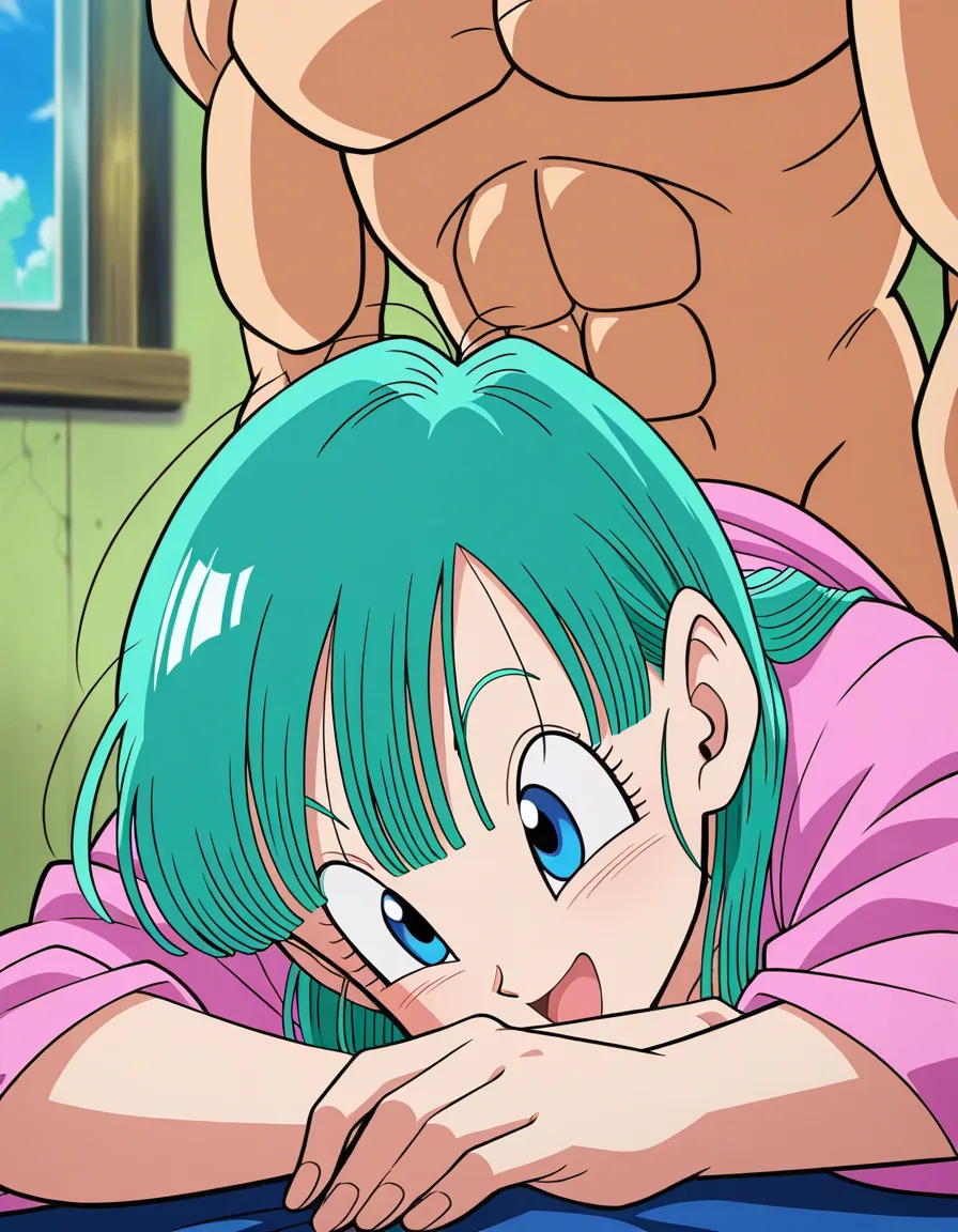 Bulma, dragon ball, doggy style,, (anime style:1.3), 2d, anime screencap, cel shading, flat color, @00osamio00