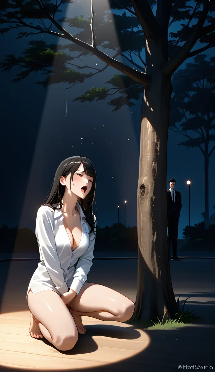 best quality, hyperrealistic, couple, cleavage, long sleeves, masturbation, tree, spotlight, lifelike render creampie