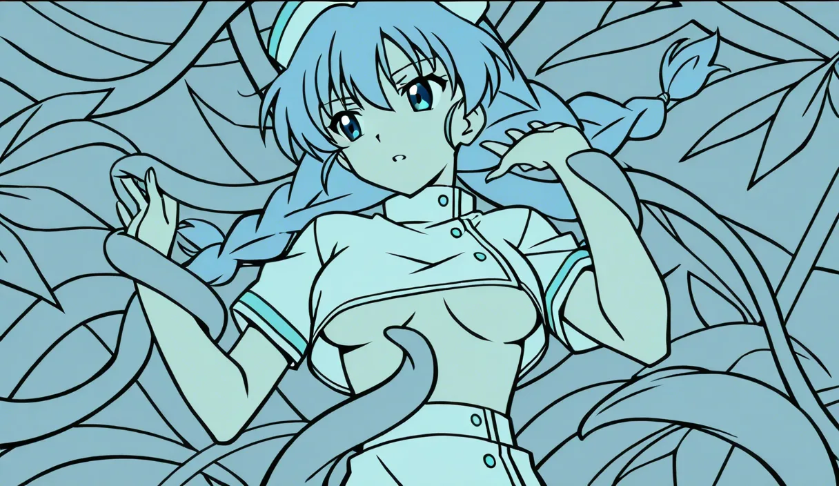 ultra detailed, sharp focus, nurse, underboob, twin braids, dress, hair flip, tentacle, leaf, intense passion, highly detailed anime