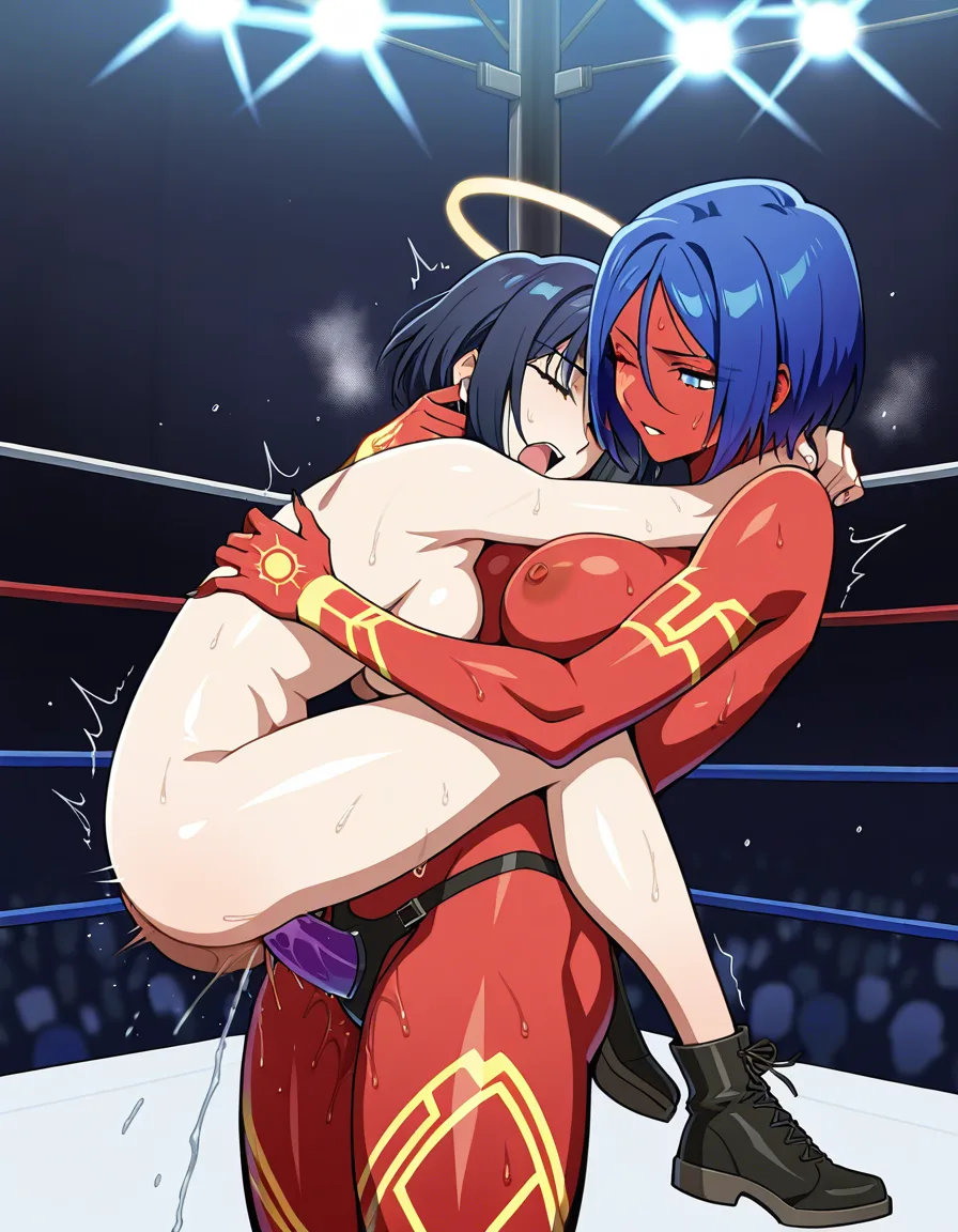 2girls , Best_quality, ultra_detailed ,  demon_girl_red_skin , Cortana_(halo)_blue_skin , yuri vaginal sex ,wrestling_ring wrestling defeated, pussy_juice squirting orgasm , sweat , nude , strap-on wince,,, suspended_congress,,,,,,, hentai_studio_quality