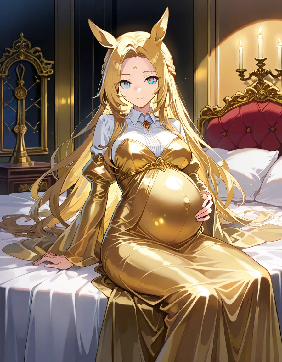 studio quality, sharp focus, solo, horse ears, collared shirt, An illustration of a lavish chamber with a grand bed, ornate furniture, and candlelight. The camera focuses on a statuesque, pregnant Queen seated on the bed, her golden hair cascading around her regal face. She wears a flowing silk and gold gown that accentuates her imposing figure.

Caption "Mother's sacred chambers. The site of my destiny." forward, creampie, cloudy sky, from below, photorealistic, hentai_studio_quality