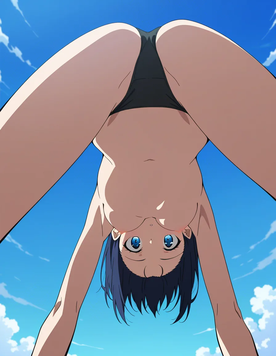 absurdres, highres, 1other, on all fours, stomach, blue sky, hentai style, (anime style:1.3), 2d, anime screencap, cel shading, flat color, @00osamio00