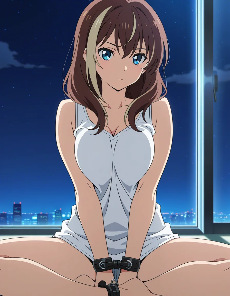 masterpiece, clean art, brunette woman, bondage, legs, streaked hair, night, hentai indian_style, (anime style:1.3), 2d, anime screencap, cel shading, flat color