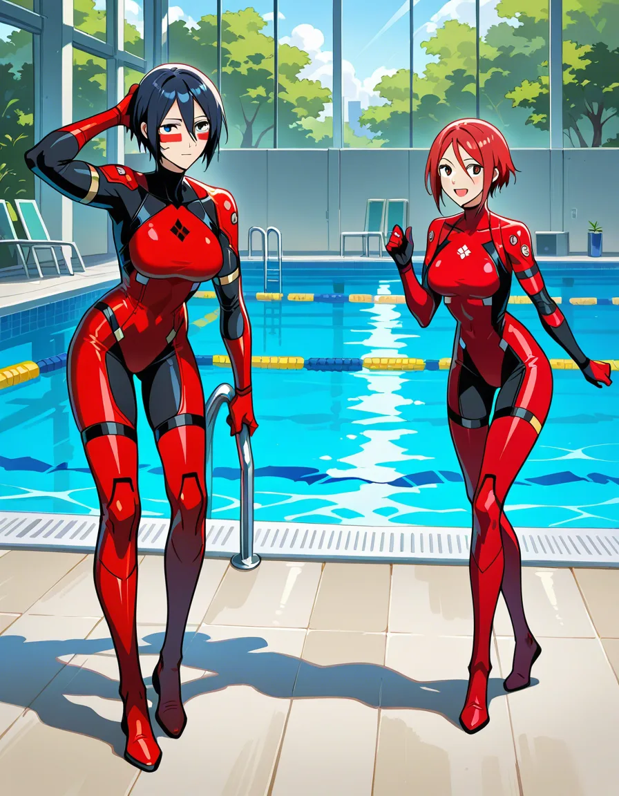 elster signalis lesbian dominating with red swinsuit and android like body in a swimming pool on a spaceship, hentai_studio_quality