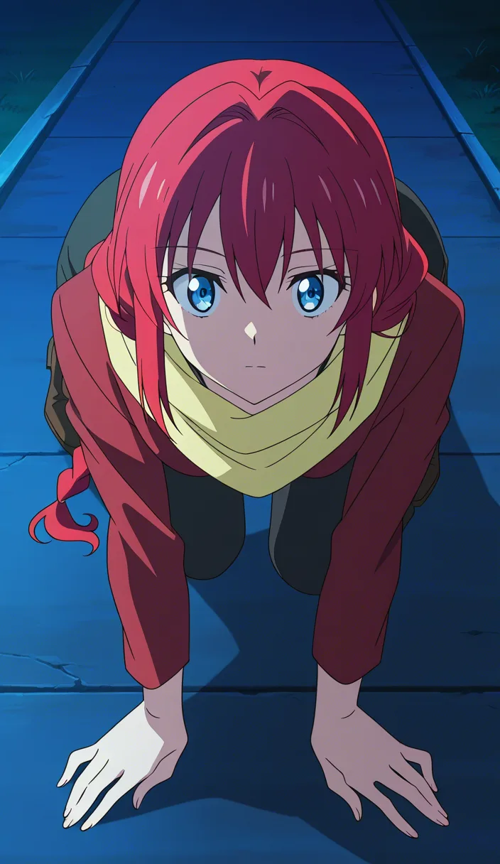 ultra detailed, redhead woman, on all fours, scarf, braid, night, detailed shading, (anime style:1.3), 2d, anime screencap, cel shading, flat color, @00osamio00