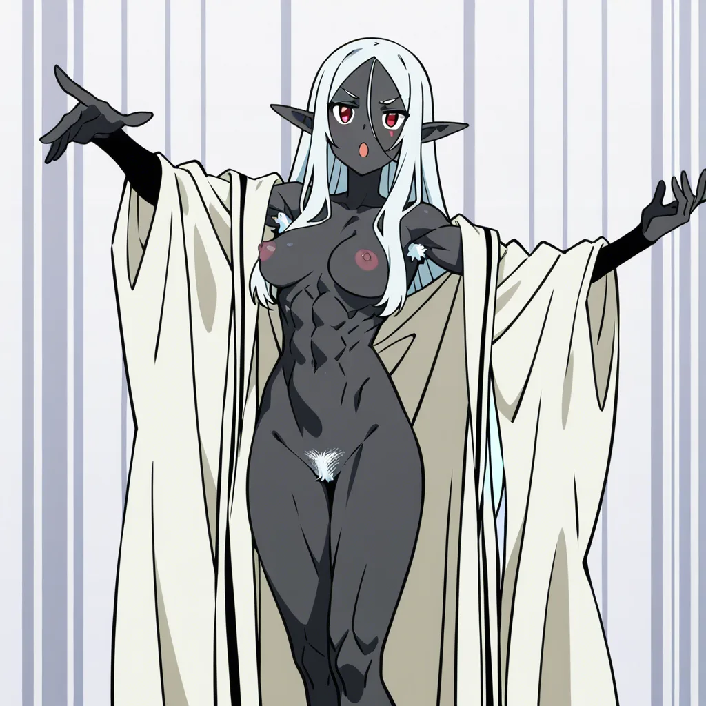 8k, sharp focus, black grey_skin, dark elf, (black skin:1), white pubic hair, white armpit hair, athletic, elegant robes, loose robes, long sleeve, muscle tone, (indulgent expression:1), red eyes, red glowing eyes, shining eyes, small breasts, puffy nipples, pointy tits, seductive, saggy breasts, big nipples, white hair, riding dildo, vaginal insertion, orgasm, (she relaxes:1.3), she lowers her hips, darkness