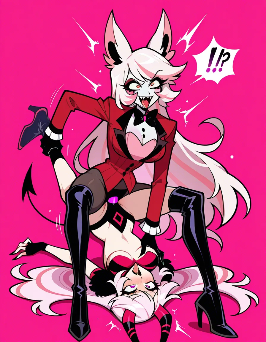 Sera_(hazbin_hotel) , verosika , yuri , wrestling, strapon, surprised ,ahegao, hentai_studio_quality