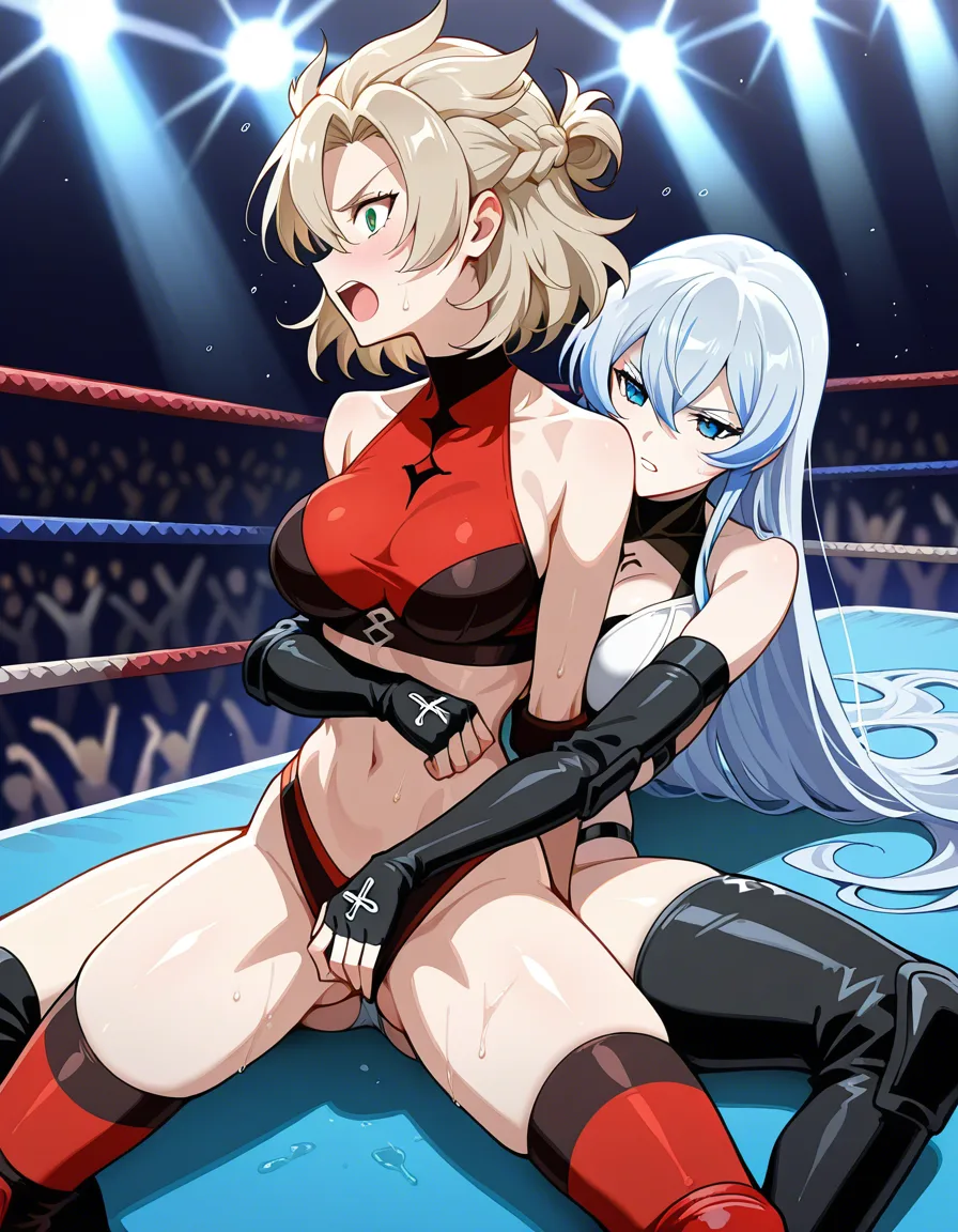 2girls, @esdeath_(akame_ga_kill) , @albedo_(genshin_impact) , strapon, wrestling, catfight, hentai_studio_quality, hentai_studio_quality
