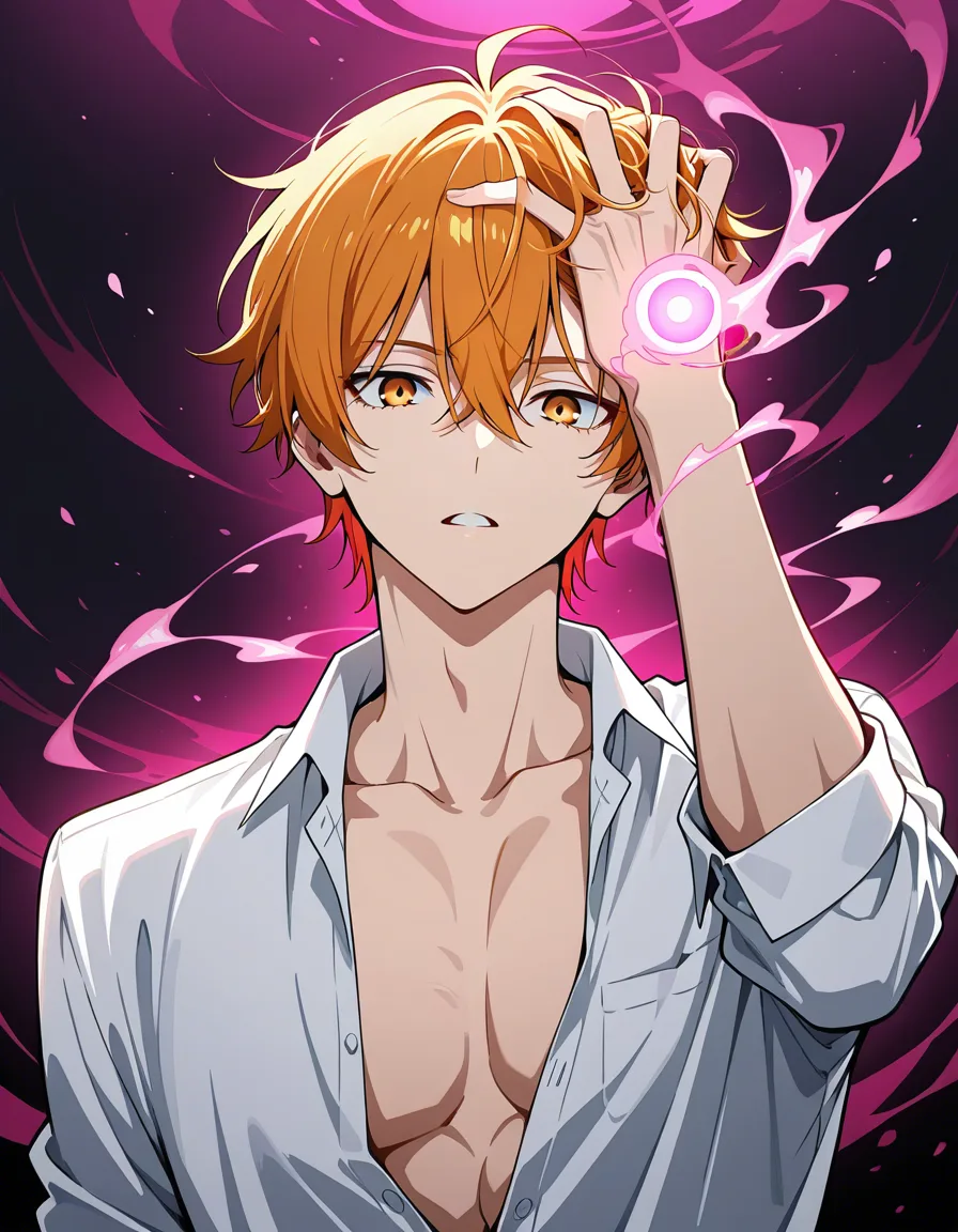 A skinny male slowly transforms in to a female after his bully places his hand on his head, releasing pink magic, hentai_studio_quality