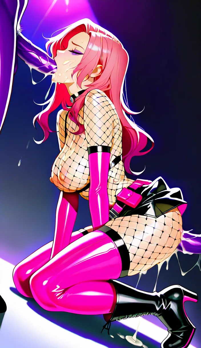 /masterpiece /ultra_detailed hentai shego bright lighting fishnet suit pink latex skirt boots utility belt kneeling anal sex fucked by Dr. Draken cum on face moaning purple skin purple eyeshadow smaller breasts dutch_angle cum in mouth official_alternate_costume, (semi-realistic:1.2), anime proportions, detailed skin texture, soft shading, realistic lighting