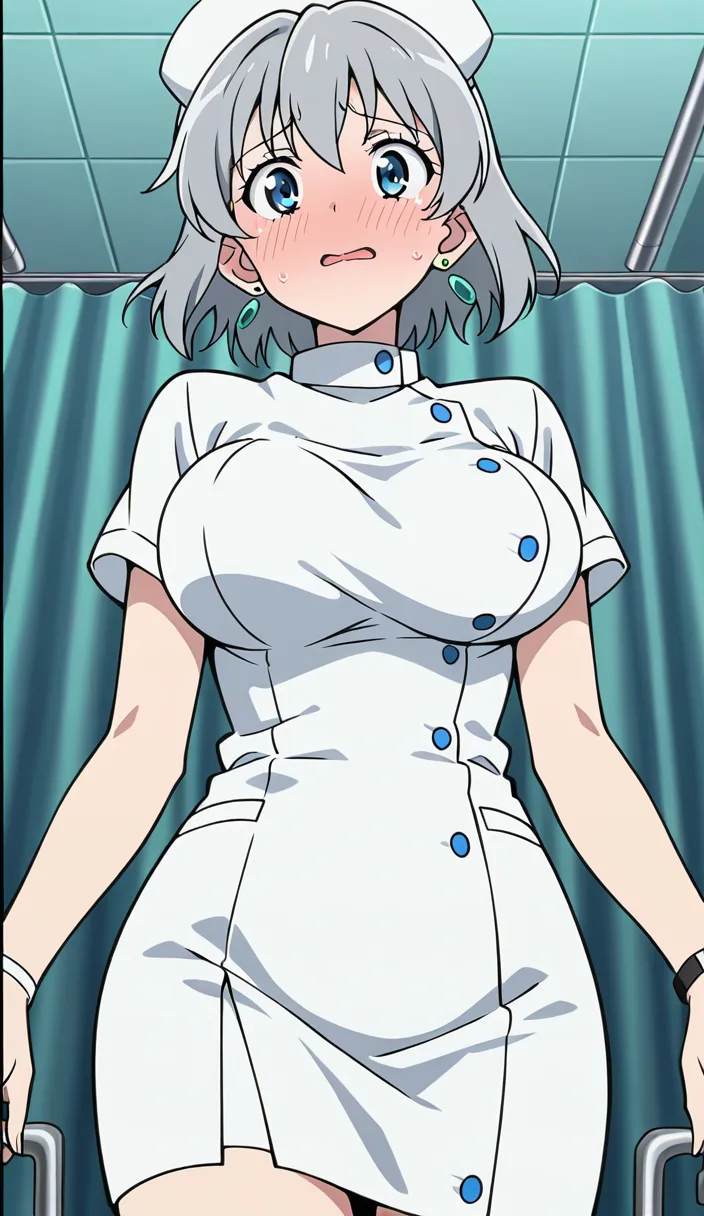best quality, intricate details, nurse, grey hair, jewelry, bouncing breasts, nervous blush, 2D illustration