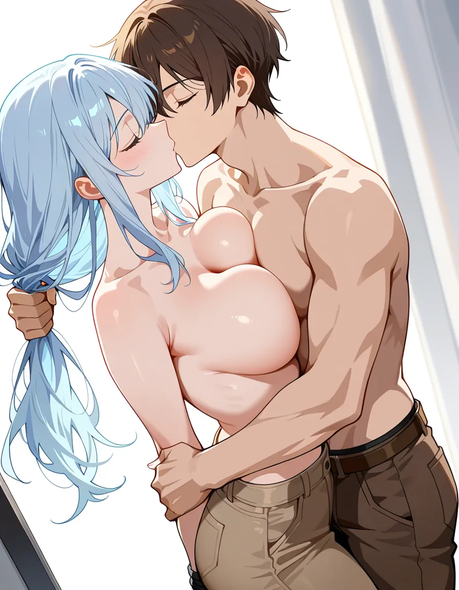 masterpiece, fine detail, collarbone, soft cel shading, light sky blue hair, brown_pants, topless, firm breasts, hair_behind_ear, hair tied up behind and above head, being picked up and fucked from front, kissing, hentai_studio_quality