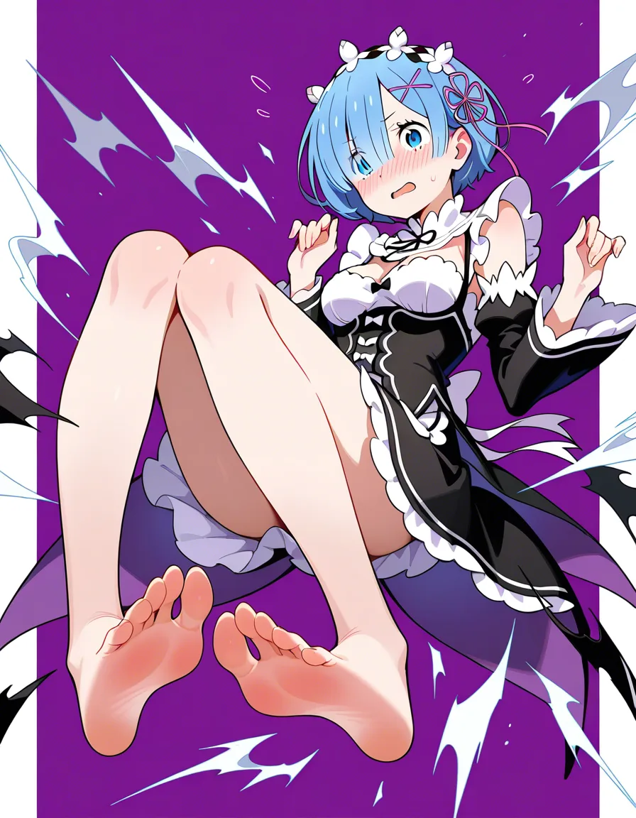 @rem_(re:zero) , exploding_clothes nude feet barefoot blush embarrassed, hentai_studio_quality