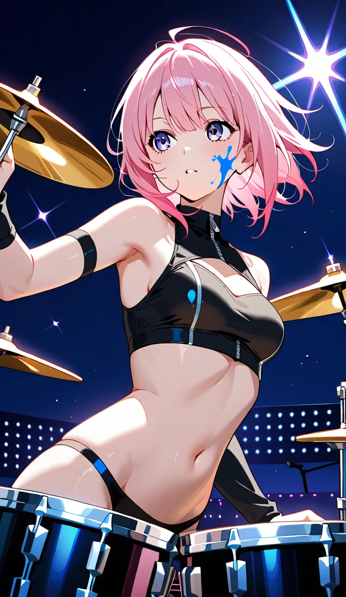 Anime woman, pink hair, drummer, facial crop_top small_breasts