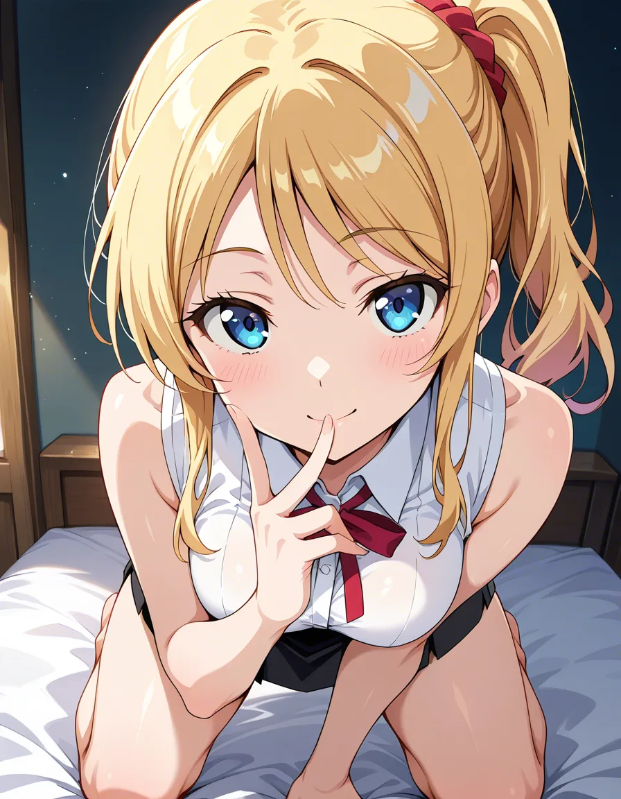 momo ayase, masterpiece, best quality, solo, sleeveless, kneeling on bed, seductive look, doujin style, hentai_studio_quality