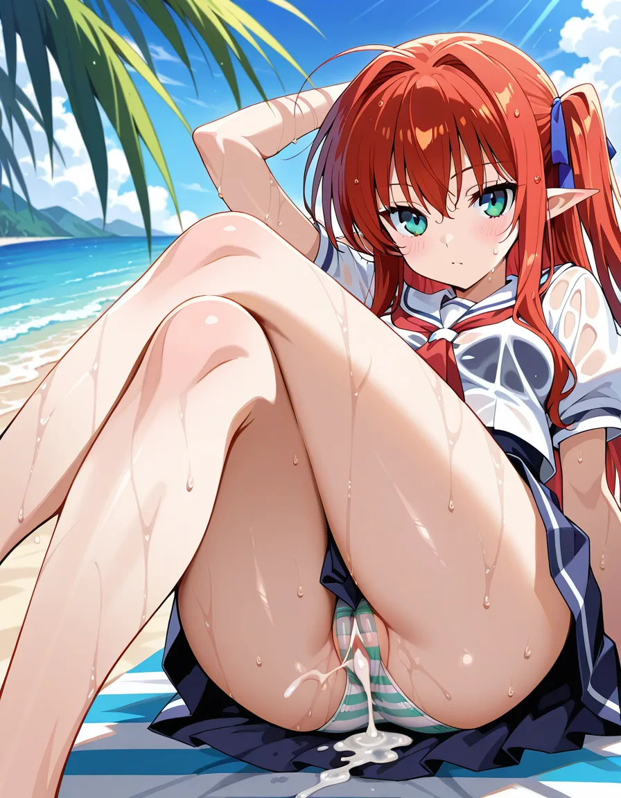 highly detailed, sharp, solo, crossed legs, wet pussy, pointy ears, beach, visual novel art striped_clothes striped_panties cum_in_pussy cumdrip 4girls no_panties school_uniform school, hentai_studio_quality