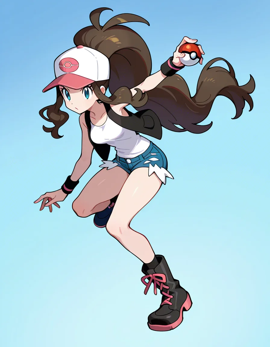 Female characteristics: "1girl, hilda $pokemon$, brown hair, long hair, ponytail, high ponytail, cap, baseball cap, white cap, red visor, pokeball logo, blue eyes, white tank top, sleeveless top, black vest, open vest, denim shorts, cutoffs, torn shorts, blue shorts, wristband, black wristband, boots, black boots, pink laces"
Male dominant female, clothed female nude male, uneasy face, standing on one leg, panties around one leg, plap, heart, medium breasts, slim, squirting, fucked silly, bedroom sex, hentai_studio_quality