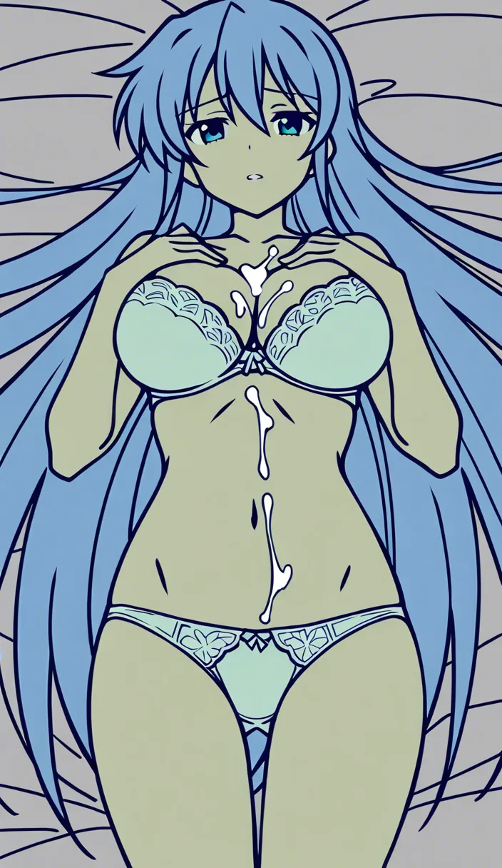 best quality, clean lines, 2girls, very long hair, underwear, cum on breasts, wild energy, POV, clean lineart
