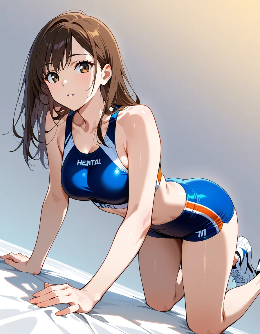professional photo, high detail, fitness model, feet out of frame, shoes, on all fours, gradient background, dutch angle, lifelike render, hentai_studio_quality, hentai_studio_quality