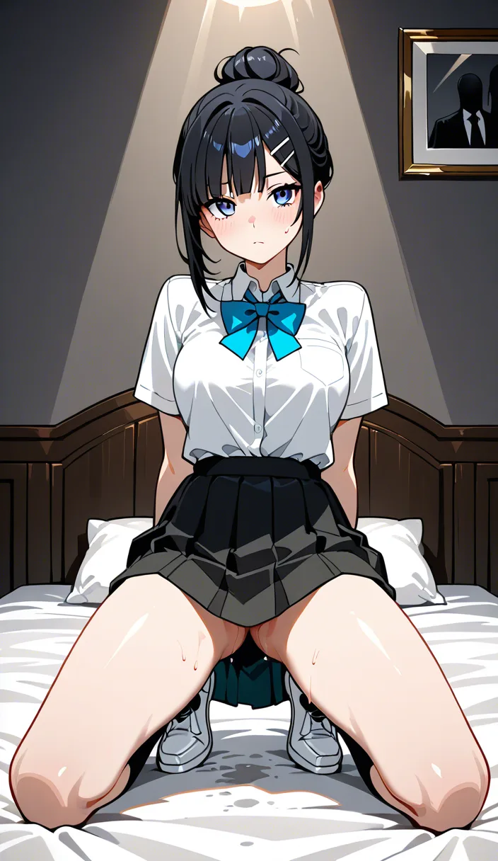 absurdres, highres, 1other, kneeling on bed, white footwear, hair bun, hentai style, hentai_studio_quality make more pictures and sex, hentai_studio_quality