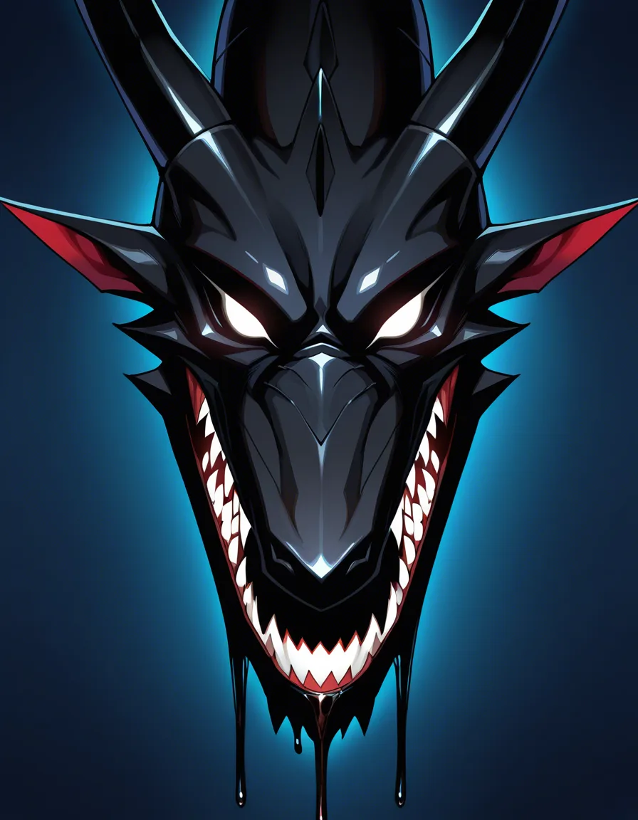 A man that has a head shape of a dragon but his face is black except for his glowing white eyes and glowing white sharp teeth. The man has a pure black body. He has a big leaking pure black penis, hentai_studio_quality