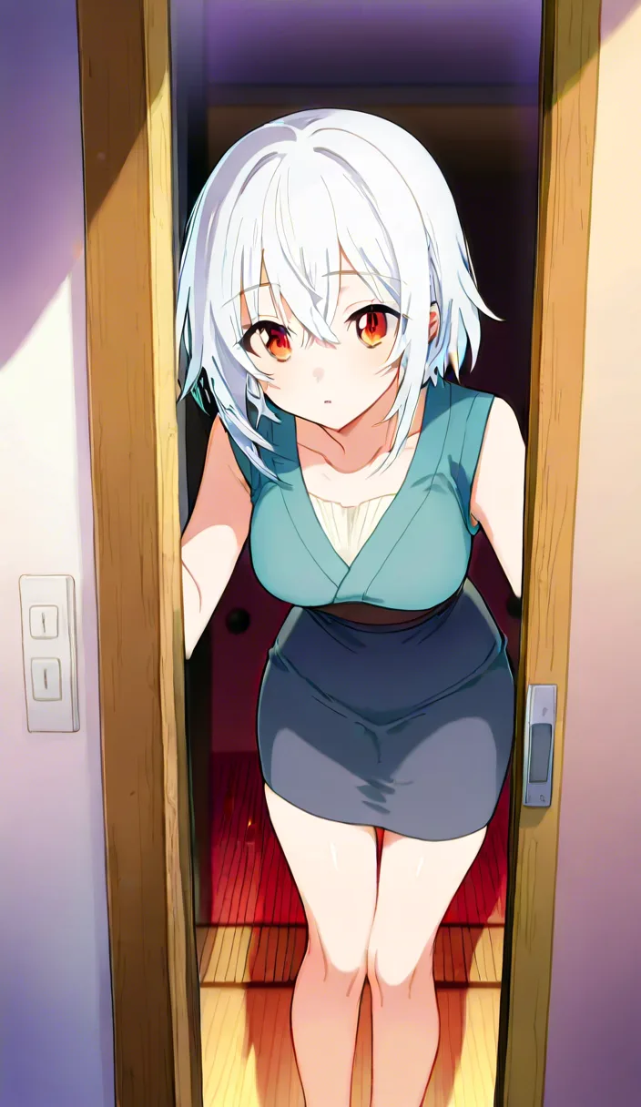 A highly detailed modern anime illustration of an adult young woman, around her early 20s, with a cute and soft appearance, peeking through a slightly opened apartment door. She is facing the viewer directly, as if the viewer is standing outside the room. Her posture is slightly leaning forward into the doorway, creating an intimate and playful composition. She has short, fluffy white hair with a faint silver-lavender tint, soft layered bangs, and slightly tousled ends that glow in the light. She wears large round glasses with thin metal rims, giving her a gentle and intellectual charm. Her eyes are large, glossy, and light blue, with a delicate anime-style sparkle and a shy, curious expression. Her cheeks are softly blushed, and her lips are slightly parted in a small surprised “o” shape.
She wears a soft knit cat-ear beanie in a very pale cyan-white tone, with a small bright cyan X-shaped hairclip/pin attached on one side. Around her are tiny floating doodles like cyan heart symbols and a few small cute marks suggesting confusion or timid curiosity. She wears no no shirt, and just pure skin that showing her massive breasts and nipples that sprays milk from the nipples, layered under an oversized cyan cardigan that hangs off her shoulders casually. The cardigan sleeves are long and relaxed, giving a cozy homewear feeling. She also wears very short light gray lounge shorts with cyan drawstring ribbons tied at the sides. She wears no clothes at all, so her massive breasts and her nipples are showing up.
Her body is drawn in a stylized anime proportion, with a slim waist, soft curvy hips, and a very full bust, but the overall mood should remain cute, cozy. Keep the anatomy polished and visually balanced in an anime-art style. The viewer can see her upper thighs and most of her body framed by the doorway.
The composition is vertical, full-body to mid-thigh framing, with the dark door frame visible on both left and right sides, making it feel like the character is opening the door for the viewer. Her left hand rests lightly on the inside of the door frame, while her right hand holds the door handle area from inside the room. The door hardware should be visible on the right side: metallic lock and handle details.
The background is a warm, softly sunlit indoor apartment room, slightly blurred with a shallow depth-of-field. Include soft morning or afternoon sunlight streaming in from behind her, creating a glowing rim light around her hair and shoulders. The floor is wooden, and there are faint hints of indoor furniture or potted plants in the background, but kept subtle and out of focus. The scene has a dreamy, airy, glowing atmosphere with a high-key polished anime rendering style.
Use bright contrast, luminous highlights, and a cyan-accented color palette. The overall art style should be high-quality anime illustration, with soft cinematic lighting, delicate hair rendering, glossy eyes, subtle blush, clean linework, smooth shading, and a slightly ethereal glow. Emphasize a cute, shy, welcoming, and curious mood, like she just opened the door and is quietly surprised to see the visitor. Make the shirt is lifted up and showing her big breasts, hentai_studio_quality