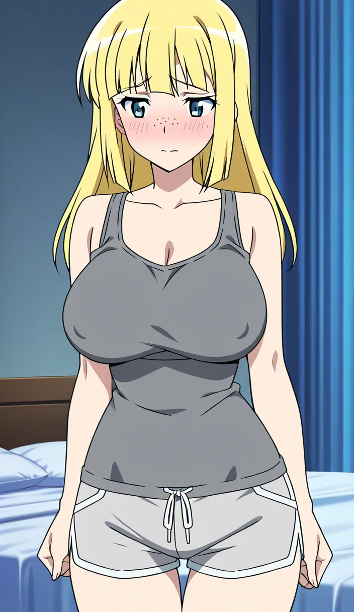 cute anime adult woman, 21 years old, fair skin with freckles, long honey-blonde hair with curtain bangs, light blue eyes, shy blush, very huge soft breasts, wearing a tight grey tank top and short grey drawstring shorts, cozy bedroom with a bed, standing by the bed, she turns around slowly and looks back over her shoulder at the camera, hair swaying, bashful smile, smooth motion, adult