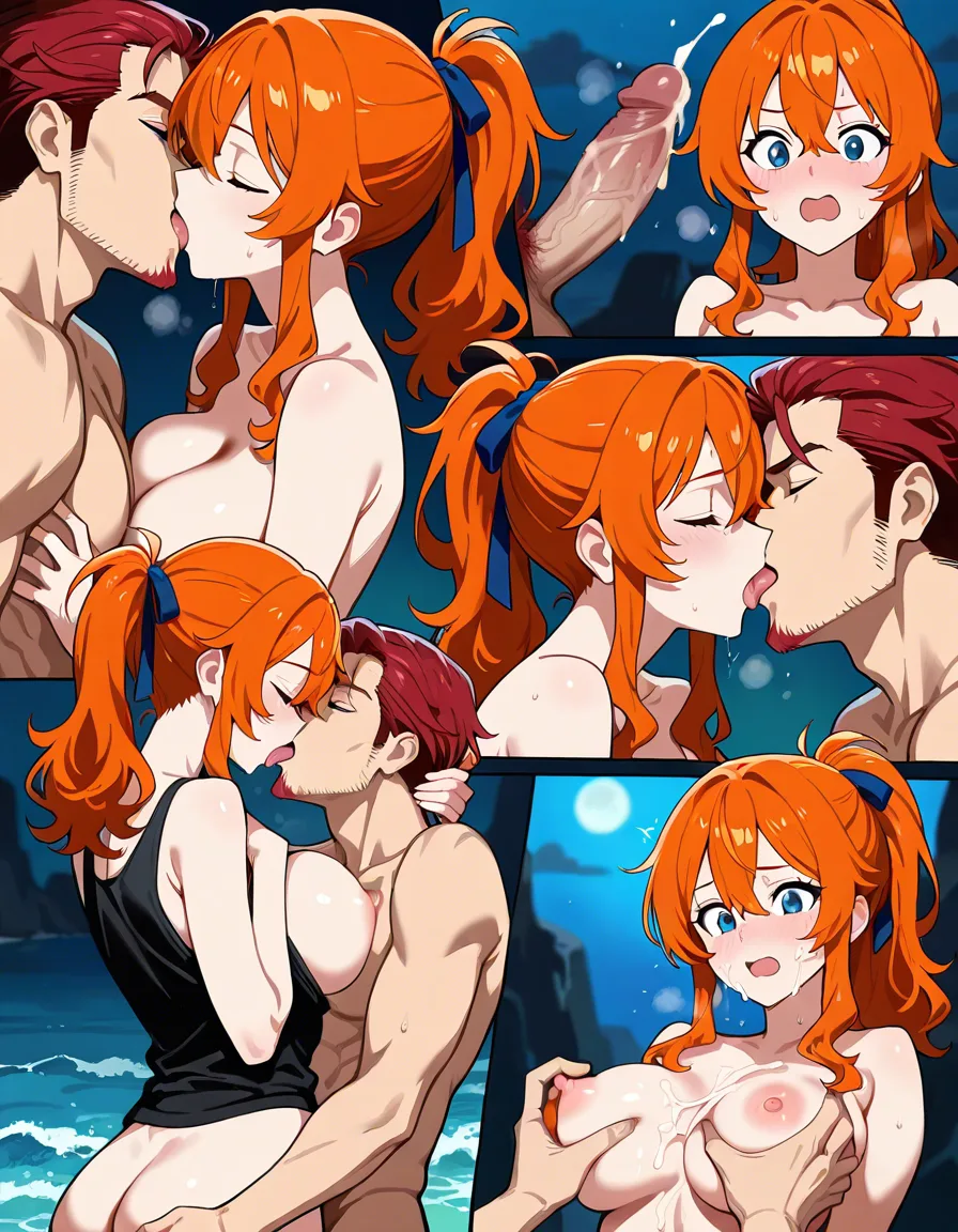 1girl with orange ponytail hair tied in red hair_ribbon, 1guy with brown wavy surfer hair with facial hair wearing black tank top and nude bottom, height_difference, lustful expressions 

Sex in ocean, multiple frames 

sex, french_kiss, nipple_stimulation, breasts_out, cum_on_breasts, breast_sucking, groping, licking_penis , pussy_juice, saliva_trail, open mouth kissing, precum oozing from penis, hickey, hentai_studio_quality