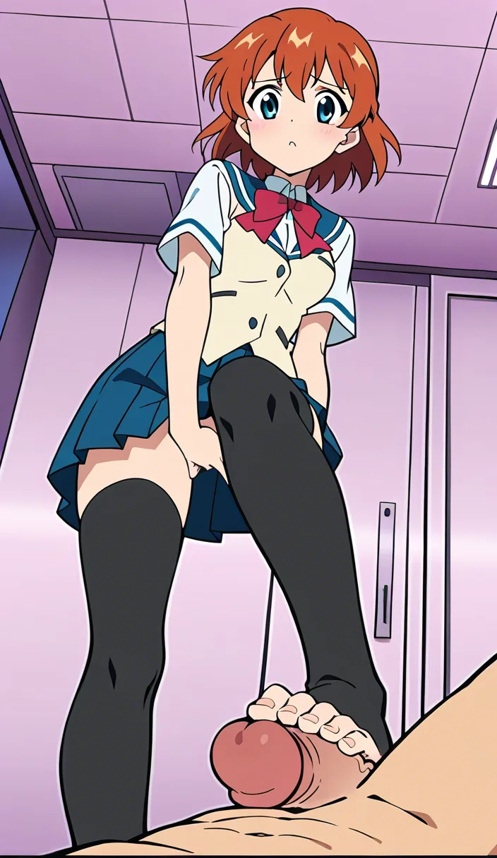 femdom, barefoot, school_uniform , black_thighhighs, female_masturbation, feet, foot on penis, pov,