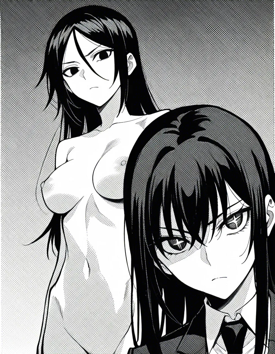 masterpiece, best quality, highly detailed, monochrome, black and white, greyscale, manga page panel, doujinshi, screentone, clean detailed linework, sudoo kaoru style, explicit yuri, 2girls only, exactly two adult women, 18+, no extra people,
Rin: long straight dark hair, serious flushed face, slim, pale skin,
Aya: lighter messy hair, eager flushed face, slightly shorter,
both girls naked on a king size bed, messy 69, Aya on top facing the opposite way, face buried in Rin's pussy, licking, Rin on her back licking Aya's pussy, tongues out, wet, saliva, juices, intimate close-up, school uniforms discarded beside the bed, dark sheets, high detail anatomy, uncensored, no text, no speech bubbles, (anime style:1.3), 2d, anime screencap, cel shading, flat color, @00osamio00