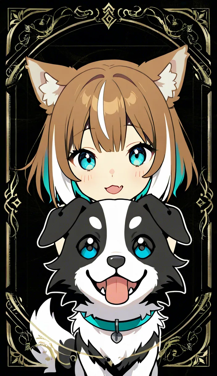 A cute anime-style dog-themed vtuber girl, border collie, large aqua blue eyes, a small visible fang, and a :3-style mouth. She has upright large floopy dog ears and a dog tail. Her hair is very long, black, a little brown with white streaks concentrated in the front center, styled with straight-cut bangs and low braided twin tails. Long sidelocks frame her face, and pointy side hair flaps arch outward and upward in a gentle bow-wave shape (not curly) for a spiky silhouette. She has 2 small bows on the left side of her hair and 1 bow on the right. She is 157 cm tall with a small, soft build.
1girl, pov, beautiful, cute, pleasure face, tongue_out, strong blush, red collar, large breasts, sex, cowgirl_position, ahegao, drooling, enduring, trembling, in love, heart-shaped_pupils, cum_in_pussy, vaginal, looking_at_viewer, teary eyes, Make her completely nude.
In reference looking similar to @inugami_korone but with darker black hair overall