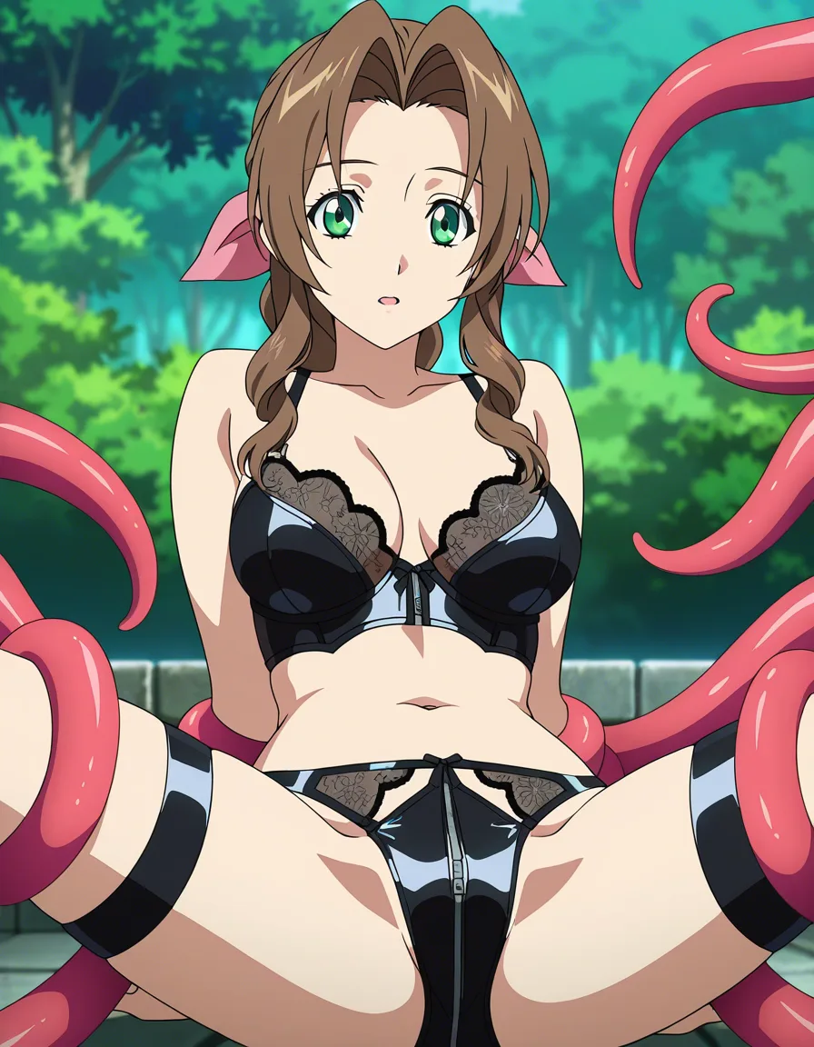 ultra detailed, @aerith_gainsborough ,solo, bare shoulders, black leather lingerie, spread legs, outdoors, doujin style, tentacles, hentai_studio_quality, (anime style:1.3), 2d, anime screencap, cel shading, flat color