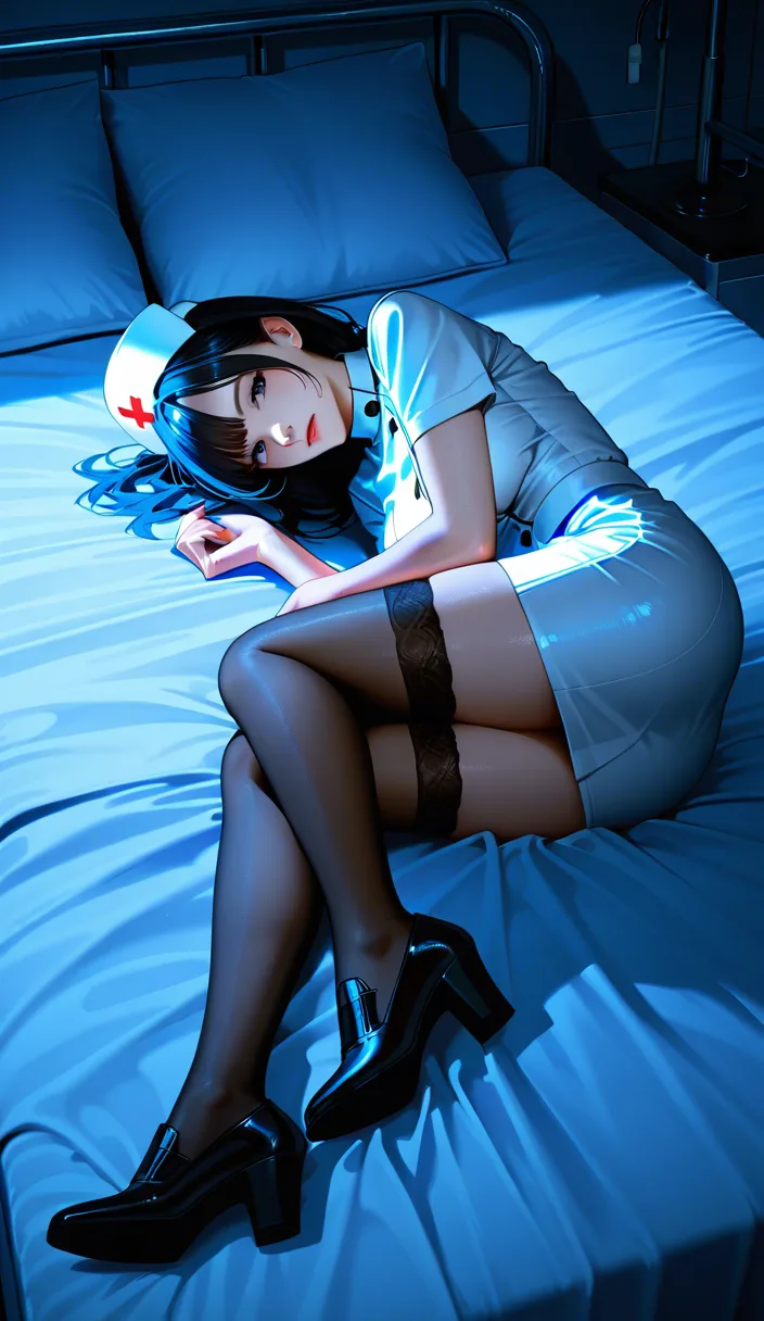 RAW photo, ultra realistic, nurse, black footwear, official alternate costume, spooning, moonlight, photorealistic