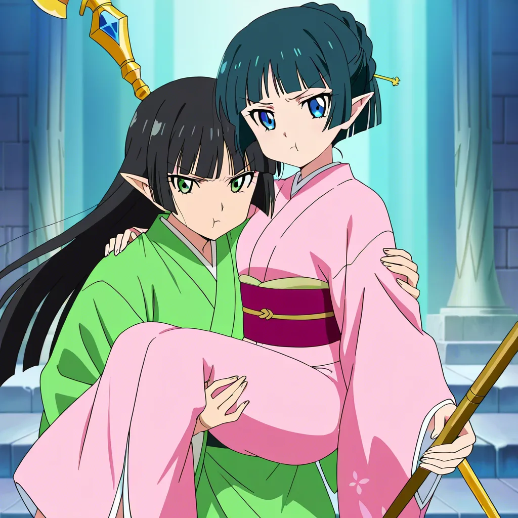 femdom, latex, looking_at_viewer, princess_carry, hime_cut, kimono, elf, blue_eyes, green_eyes, magical_girl, staff, pout, yokozuwari, (anime style:1.3), 2d, anime screencap, cel shading, flat color, @00osamio00