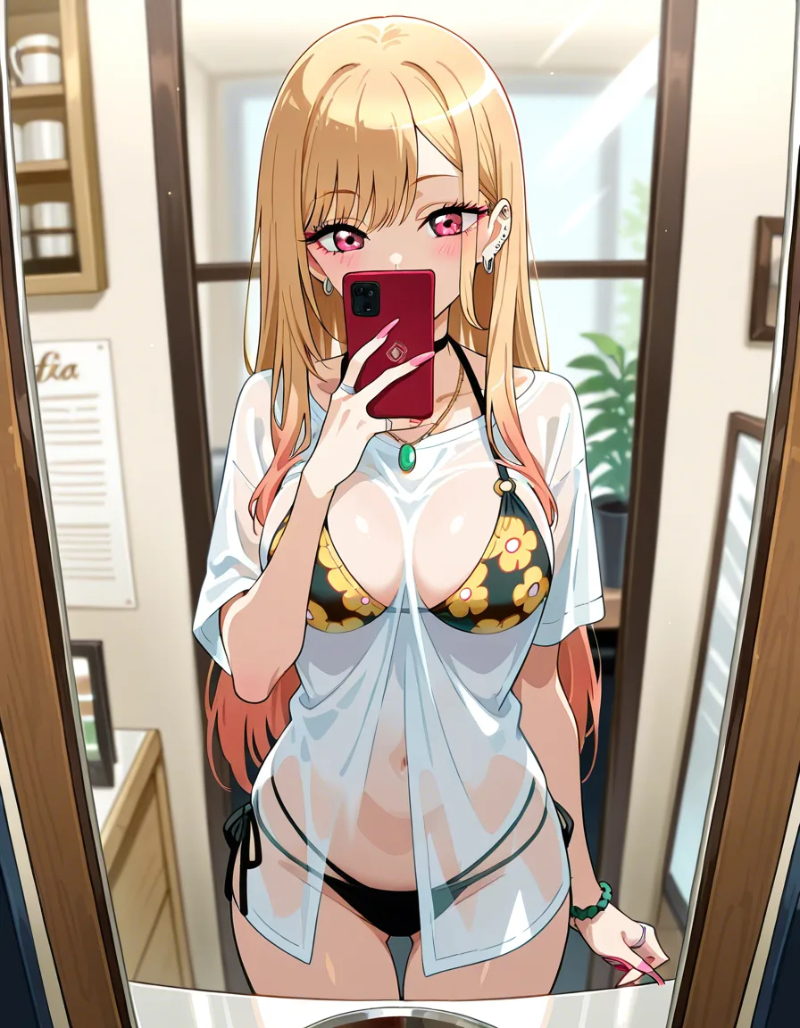 /masterpiece /ultra_detailed /highres @kitagawa_marin #bikini #see-through_shirt #barista #mirror #selfie #coffee_shop, hentai_studio_quality