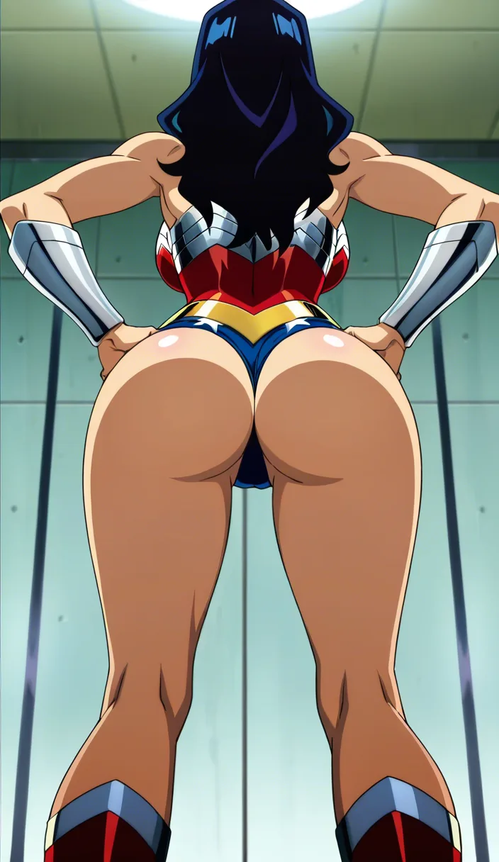 ultra detailed, official alternate costume, wonder woman, booty, short_shorts , thong shorts, ass view, under view, ass, wonder woman shorts, legs, backview, profile from_behind , standing, hands in hip, hip_focus, hentai_studio_quality, (anime style:1.3), 2d, anime screencap, cel shading, flat color