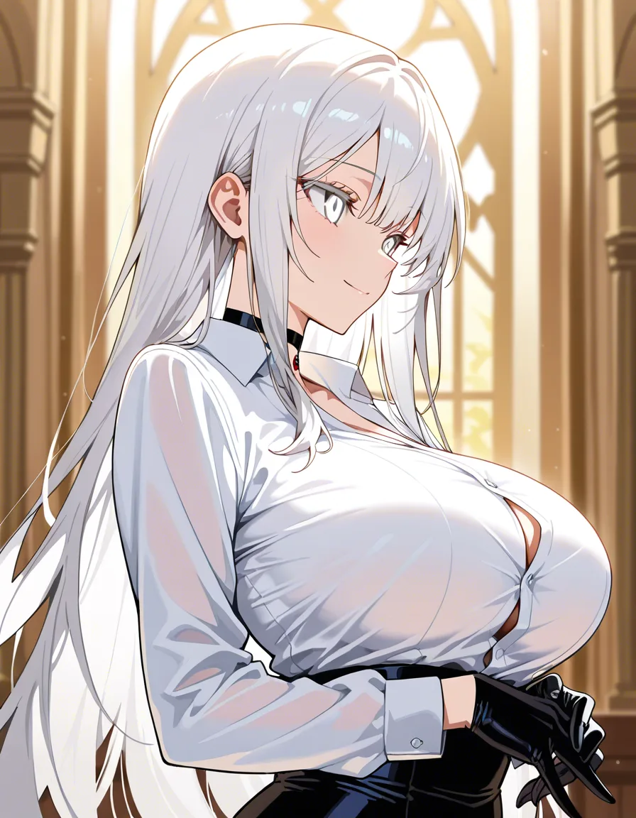 masterpiece, clean art, princess, dress, dress_shirt ,long hair, white hair, from_side , big breasts , choker , black_gloves, black_choker , white eyes, ghot girl, full_body, light_smile, pretty body, loose hair, from front, artistic, hentai_studio_quality, gloves, hentai_studio_quality,, hentai_studio_quality