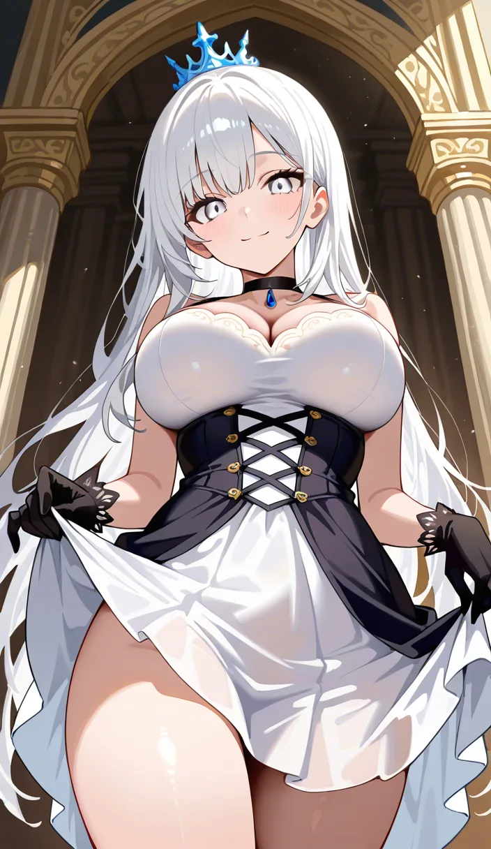 masterpiece, clean art, princess, dress, dress skirt, dress_lift ,long hair, white hair, from_below , big breasts , choker , black_gloves, short skirt, cute dress, black_choker , white eyes, ghot girl, full_body, light_smile, pretty body, loose hair, from front, artistic, hentai_studio_quality, gloves,, hentai_studio_quality