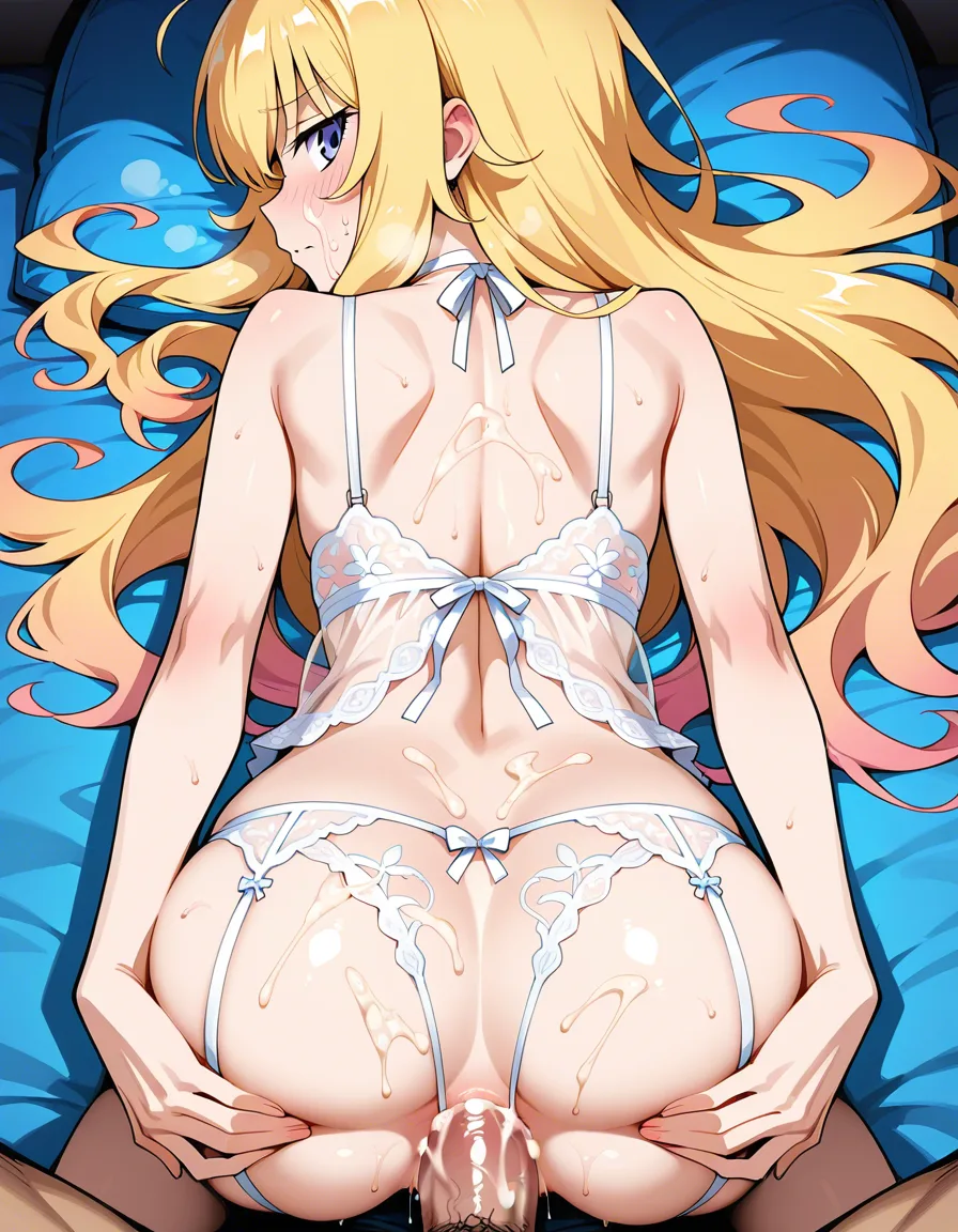 Gabriel tenma white, sexy lingerie, back view, lying, looking at viewer, cum on face, shy, anal, spread own ass, hentai_studio_quality