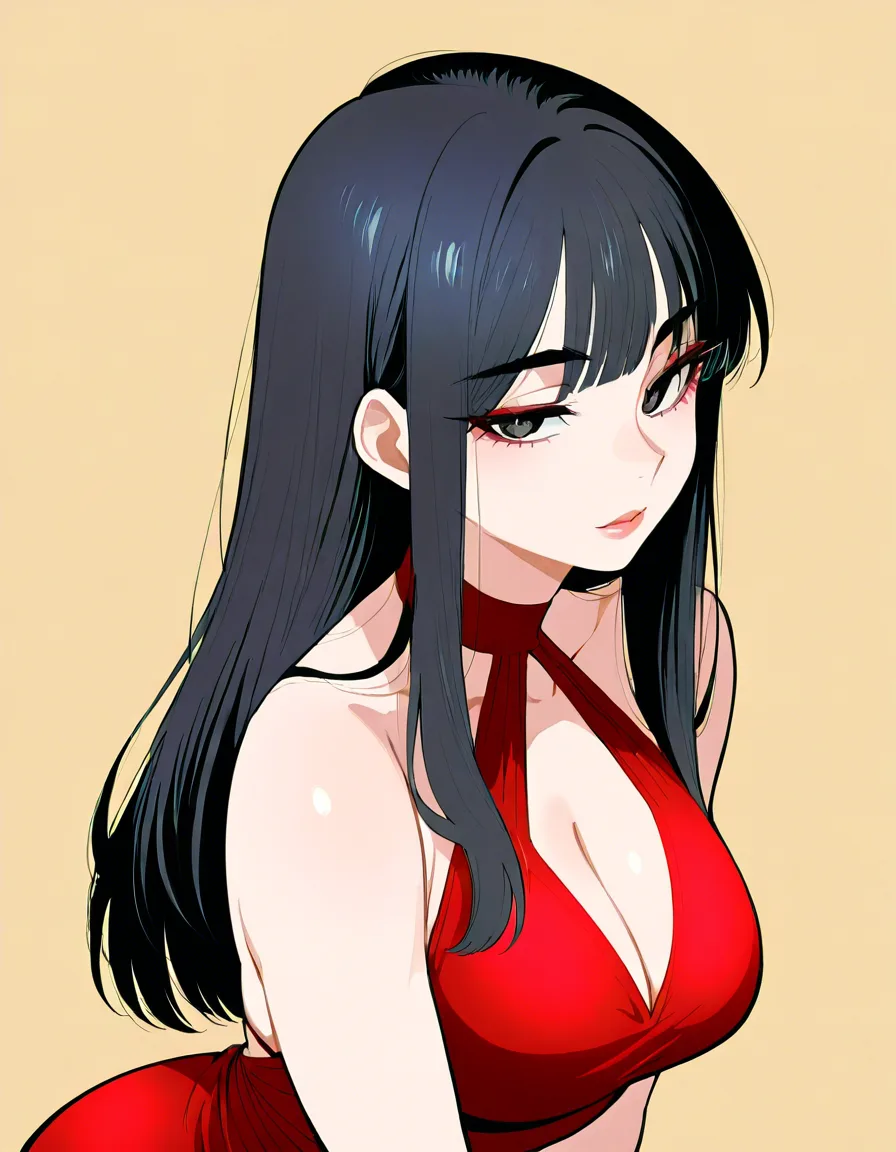 Milf with long, straight black hair parted slightly to one side and falling past her shoulders. Her face is delicate, with fair skin, dark eyebrows, a small nose, and full reddish lips,She is wearing a red halter-style dress or bikini-like outfit, with thin straps around her neck and shoulders. The outfit leaves much of her shoulders, upper chest, and arms exposed. Her figure is portrayed with very pronounced curves and a fuller body shape, including a large bust and wide hips., (anime style:1.3), 2d, anime screencap, cel shading, flat color, (anime style:1.3), 2d, anime screencap, cel shading, flat color