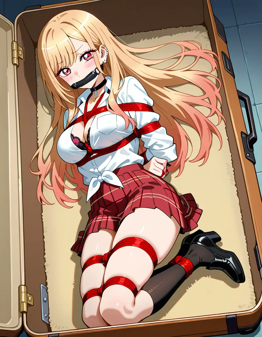 /ultra_detailed @kitagawa_marin #bondage #in_container suitcase #lingerie #red_skirt #gagged, hentai_studio_quality