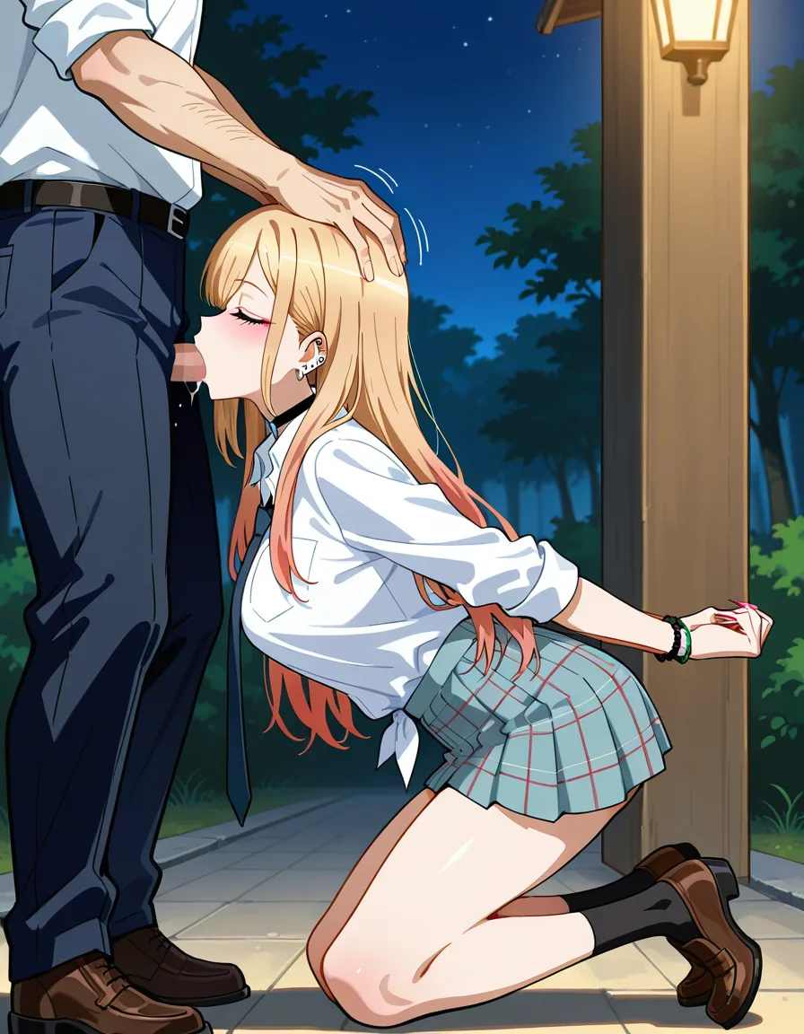 /best_quality /ultra_detailed /highres @kitagawa_marin #kneeling #arms_behind_back #old_man #hand_on_another's_head #fellatio #outdoors #night, hentai_studio_quality