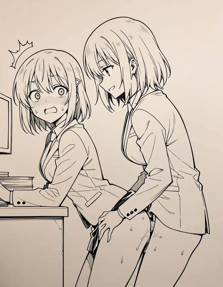absurdres, highres, 2girls, office wear, anal sex, playful expression, side view, visual novel art, hentai_studio_quality