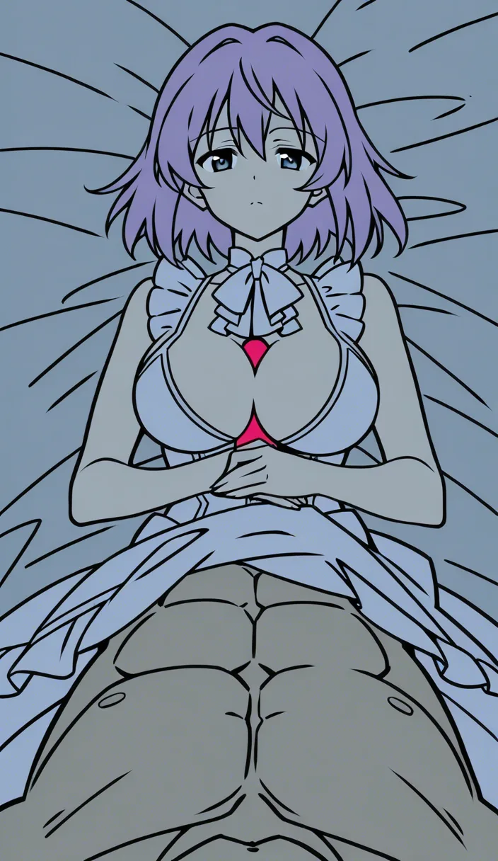professional photo, high detail, demon girl, muscular, frills, titfuck, bed sheet, medium shot, cinematic realism
