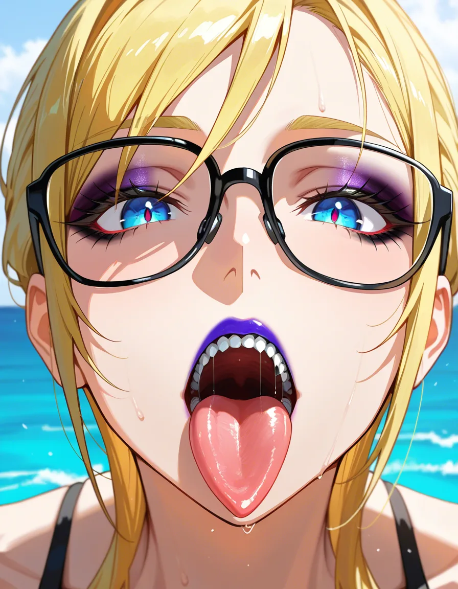 masterpiece, best quality, solo_focus geeky girl with braces makeup lipstick and glasses tongue_out mouth fetish, hyperfem, score_9, score_8, 3d render, octane render, subsurface scattering, ray tracing, smooth shading