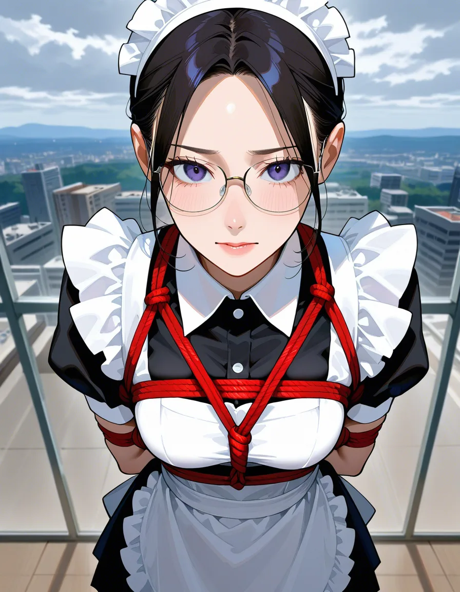 dslr, film grain, photorealistic, maid, glasses, collared shirt, bondage, cloudy sky, from above, 8k uhd photo, hentai_studio_quality, hentai_studio_quality