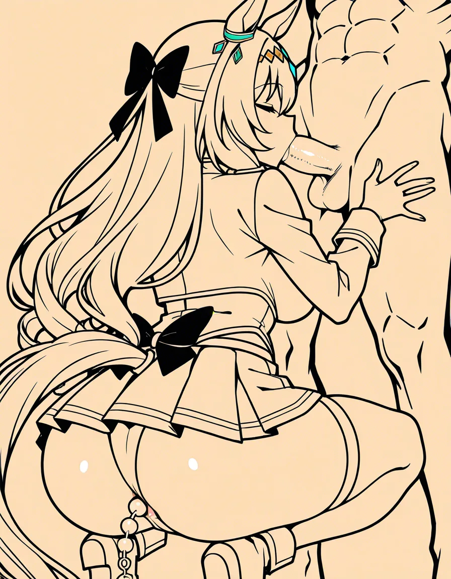 /masterpiece absurdres lineart /sharp_focus maruzensky_(umamusume) 1boy squatting fellatio from_behind anal_beads huge_ass closed_eyes miniskirt no_panties black_bow hands_on_waist, hentai_studio_quality